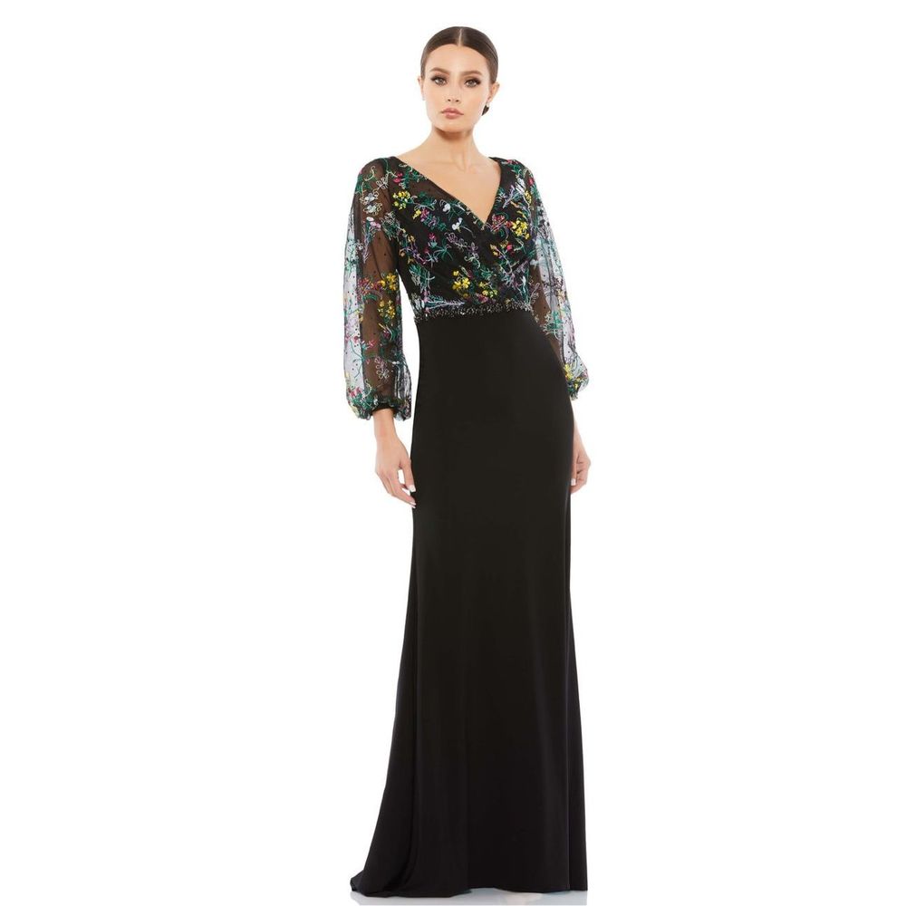 MAC DUGGAL EMBROIDERED ILLUSION PUFF SLEEVE COLUMN GOWN